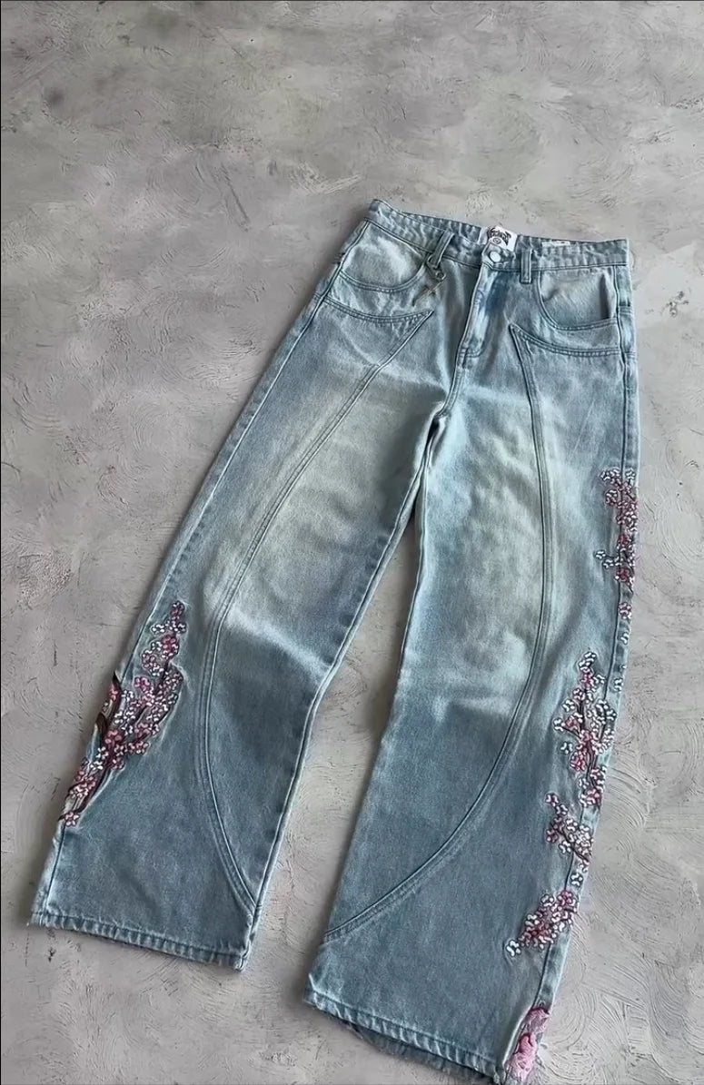 Vintage Cherry Blossom Black Knight Embroidery Jeans Y2k
