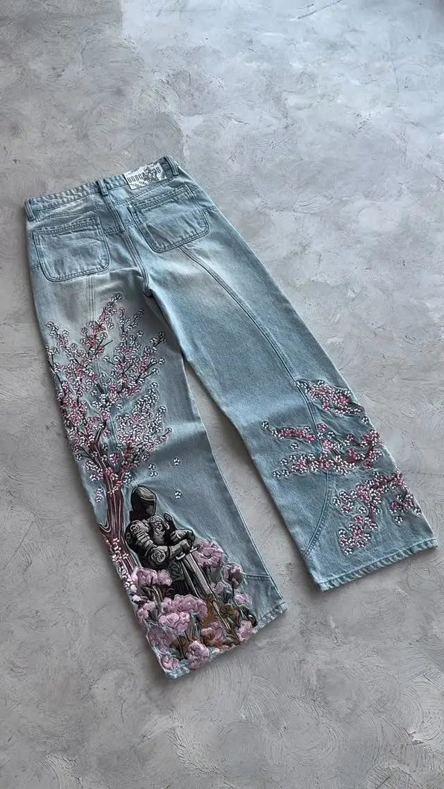 Vintage Cherry Blossom Black Knight Embroidery Jeans Y2k