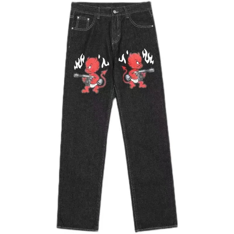 Vintage Cherry Blossom Black Knight Embroidery Jeans Y2k