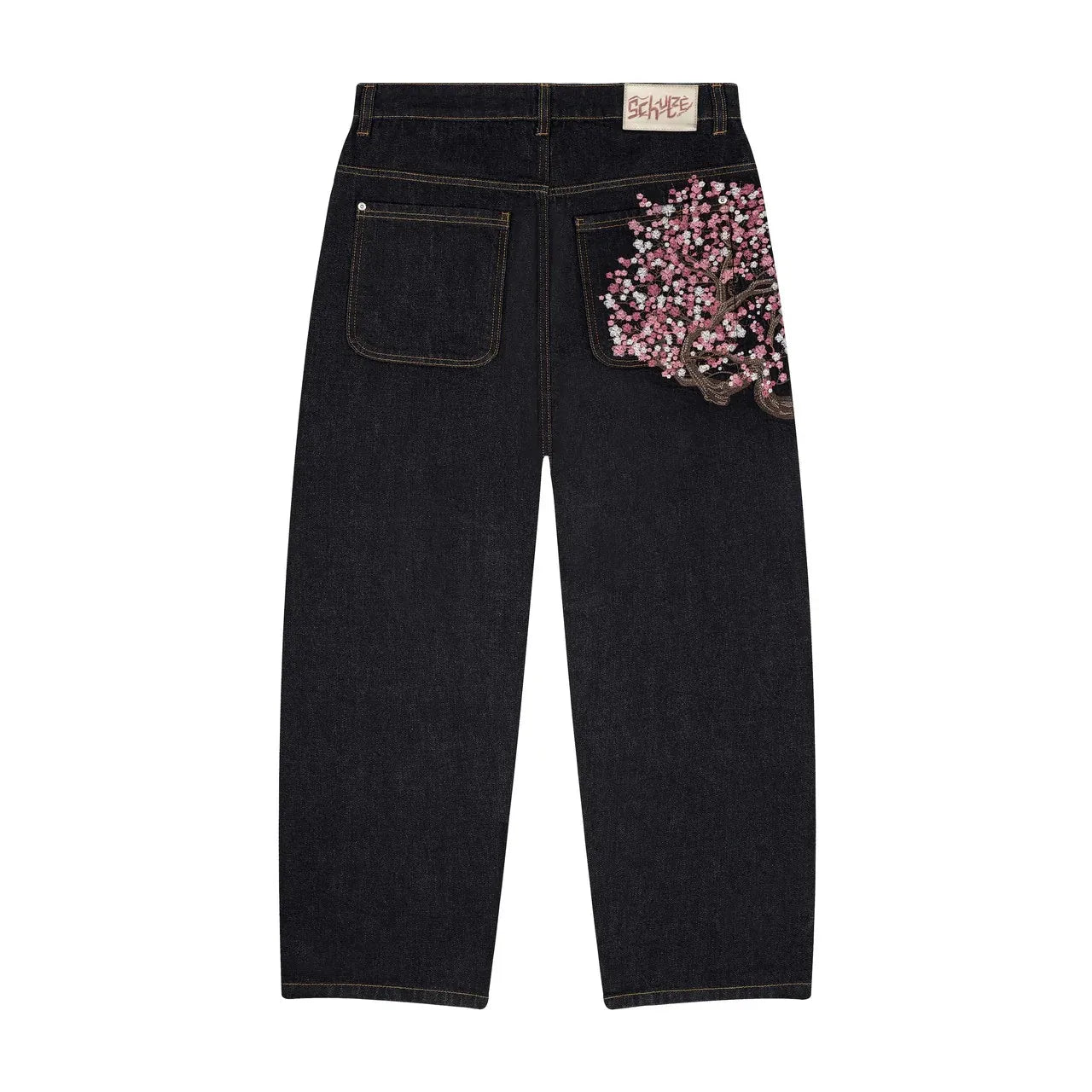 Vintage Cherry Blossom Black Knight Embroidery Jeans Y2k
