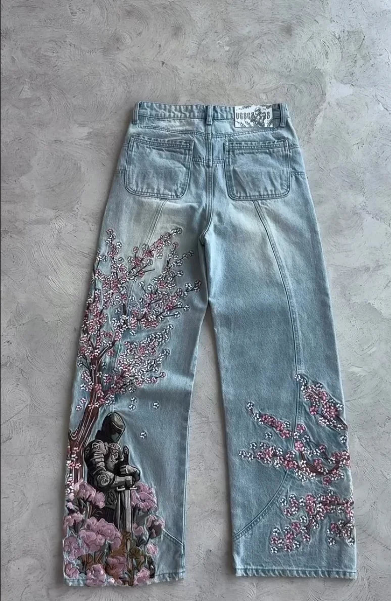Vintage Cherry Blossom Black Knight Embroidery Jeans Y2k