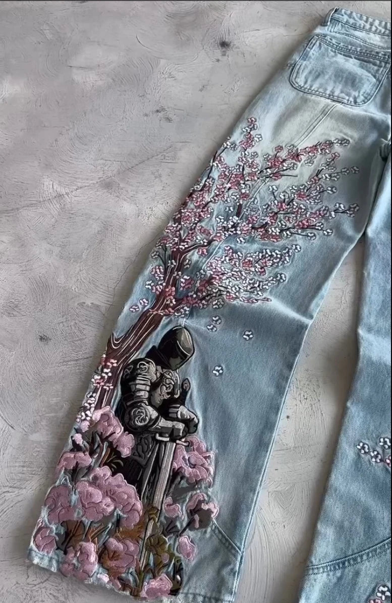 Vintage Cherry Blossom Black Knight Embroidery Jeans Y2k