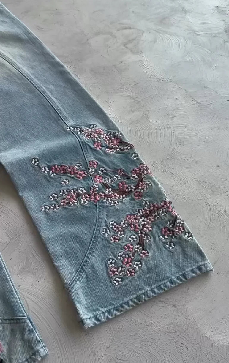 Vintage Cherry Blossom Black Knight Embroidery Jeans Y2k