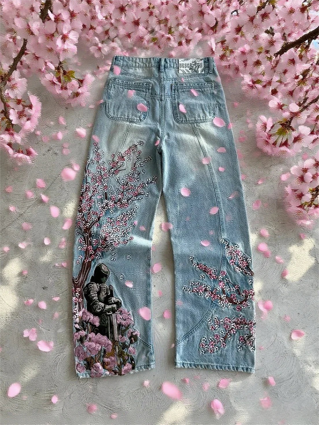 Vintage Cherry Blossom Black Knight Embroidery Jeans Y2k