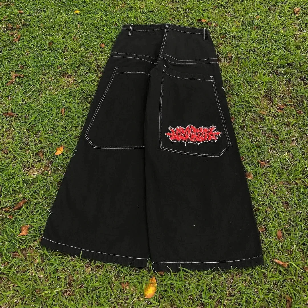 Vintage Cherry Blossom Black Knight Embroidery Jeans Y2k